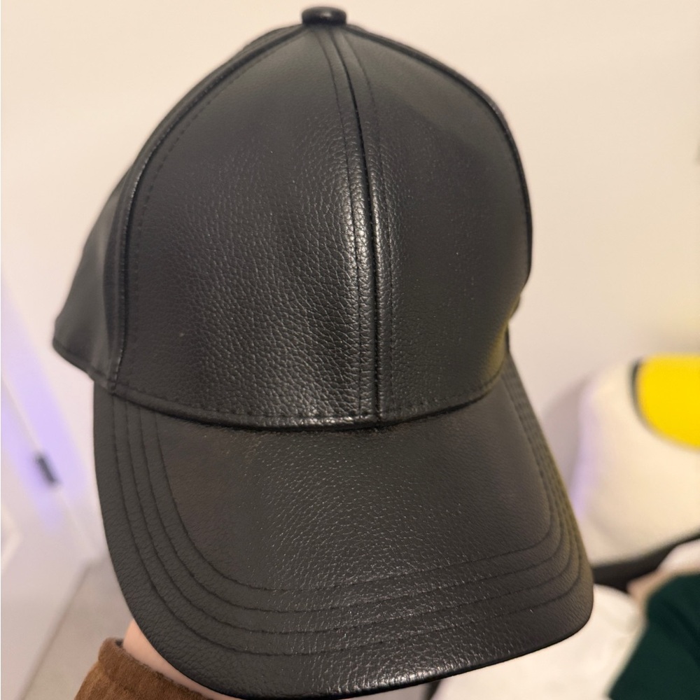 Black Faux Leather Baseball Cap